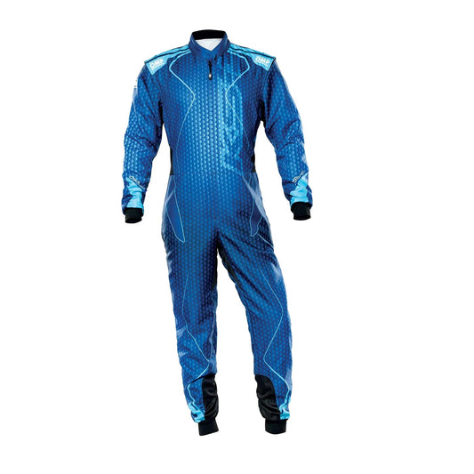 Front view of blue OMP KS-3 ART go-kart racing suit with vibrant blue design, ergonomic shape, and lightweight performance fabric.