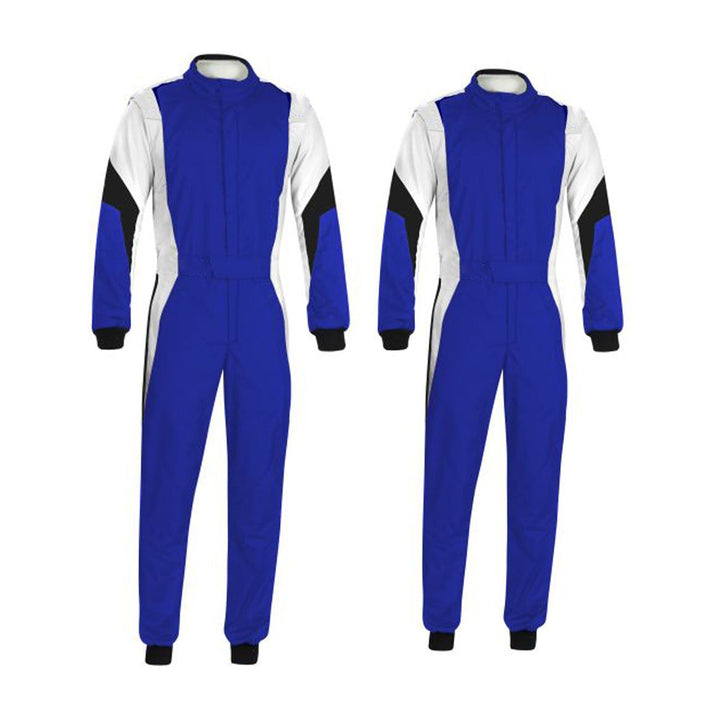 A front and back view of a blue and white go-kart race outfit, featuring long sleeves with elasticated cuffs and a full zip.