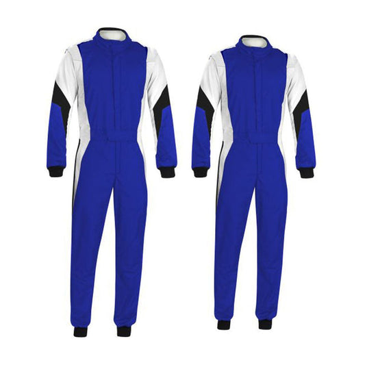 A front and back view of a blue and white go-kart race outfit, featuring long sleeves with elasticated cuffs and a full zip.