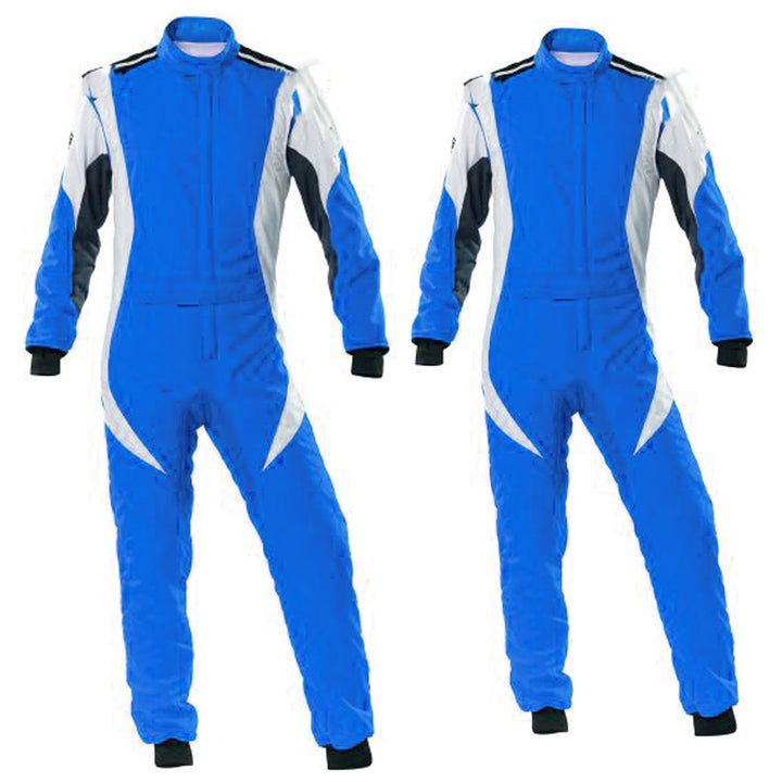 A blue and white racing suit for kart race, displayed in front and back views, with a full zip and elasticated cuffs.