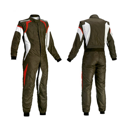 A front and back view of a brown kart racing suit with white and red accents, featuring a full zip and elasticated cuffs.