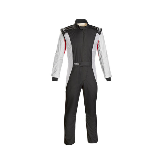 A professional karting suit with a color scheme of brown, white, and gray, designed for safety and performance with a full zipper and elasticated cuffs.