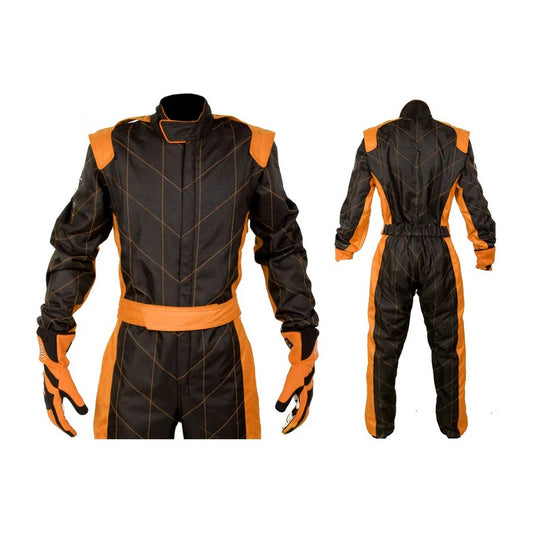 A front and back view of a brown and orange go-kart driver racing costume, including a full zip suit with elasticated cuffs and a fine and soft collar with Velcro.