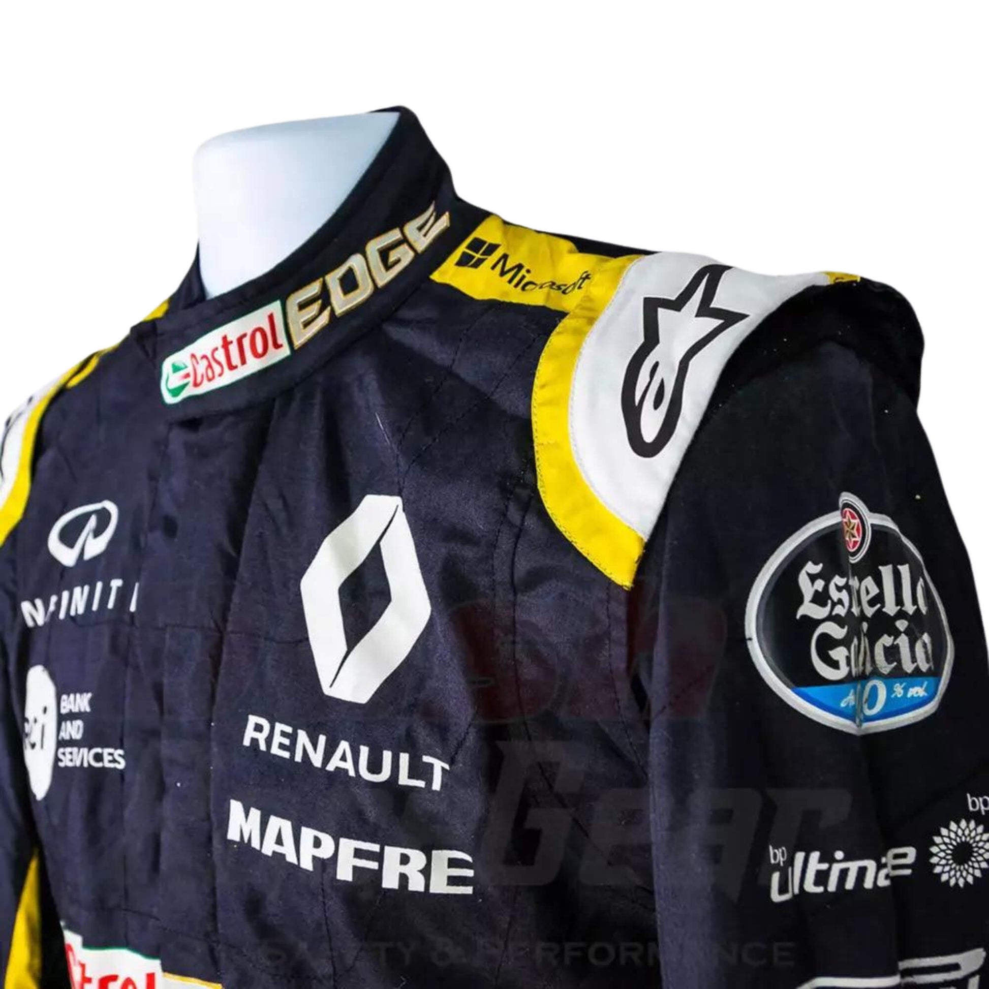 Close-up of the shoulder area of Carlos Sainz’s 2018 F1 racing suit, featuring embroidered sponsor logos and breathable fabric for enhanced comfort during races.