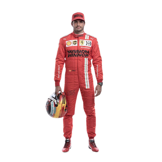 Front view of Carlos Sainz's 2021 F1 racing suit, featuring sleek design, vibrant sponsor logos, and a performance-focused fit.
