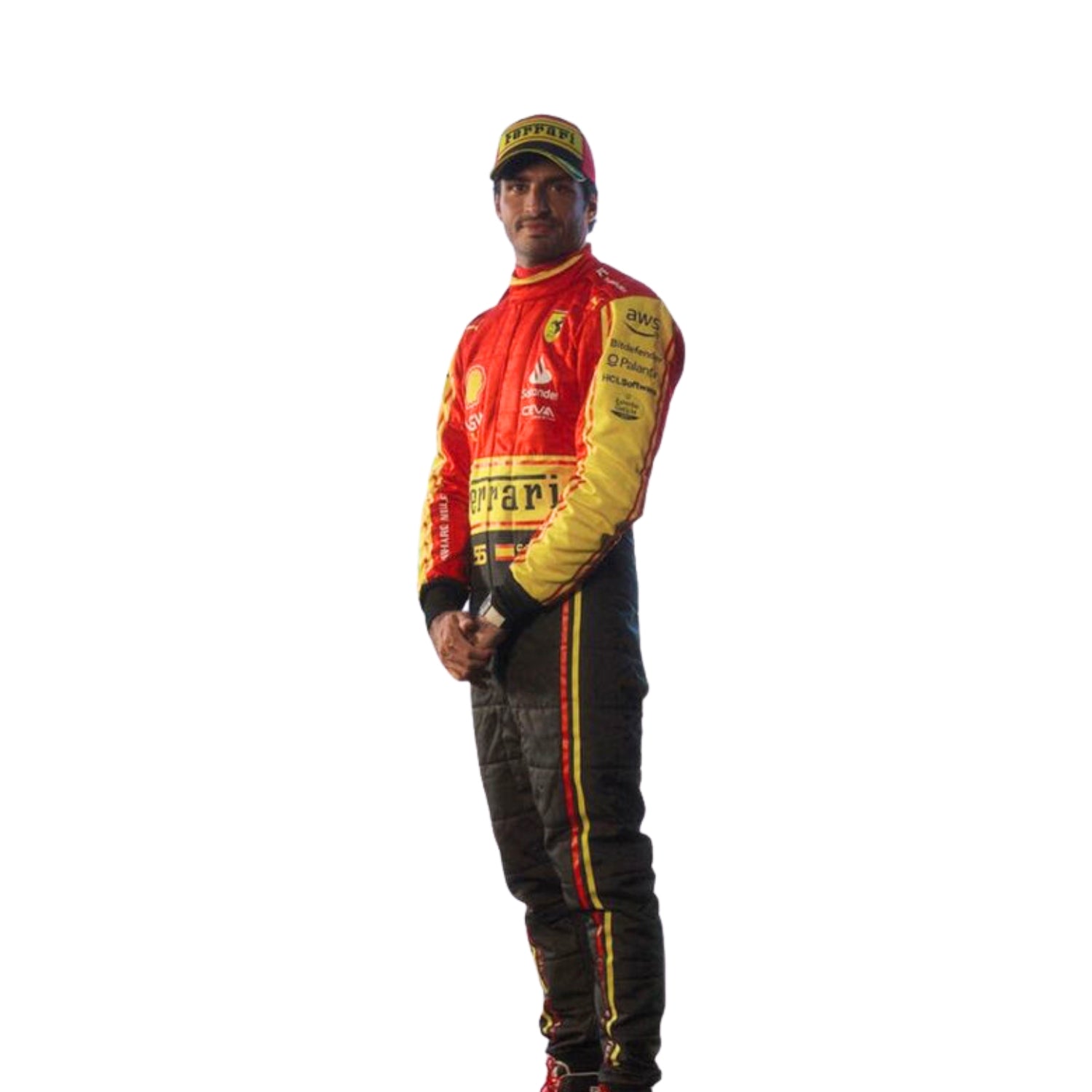 Close-up of Carlos Sainz Jr.'s 2023 Monza Special Edition F1 racing suit material, illustrating the high-quality fabric texture and the precision of the stitching against the red, yellow, and black background.

