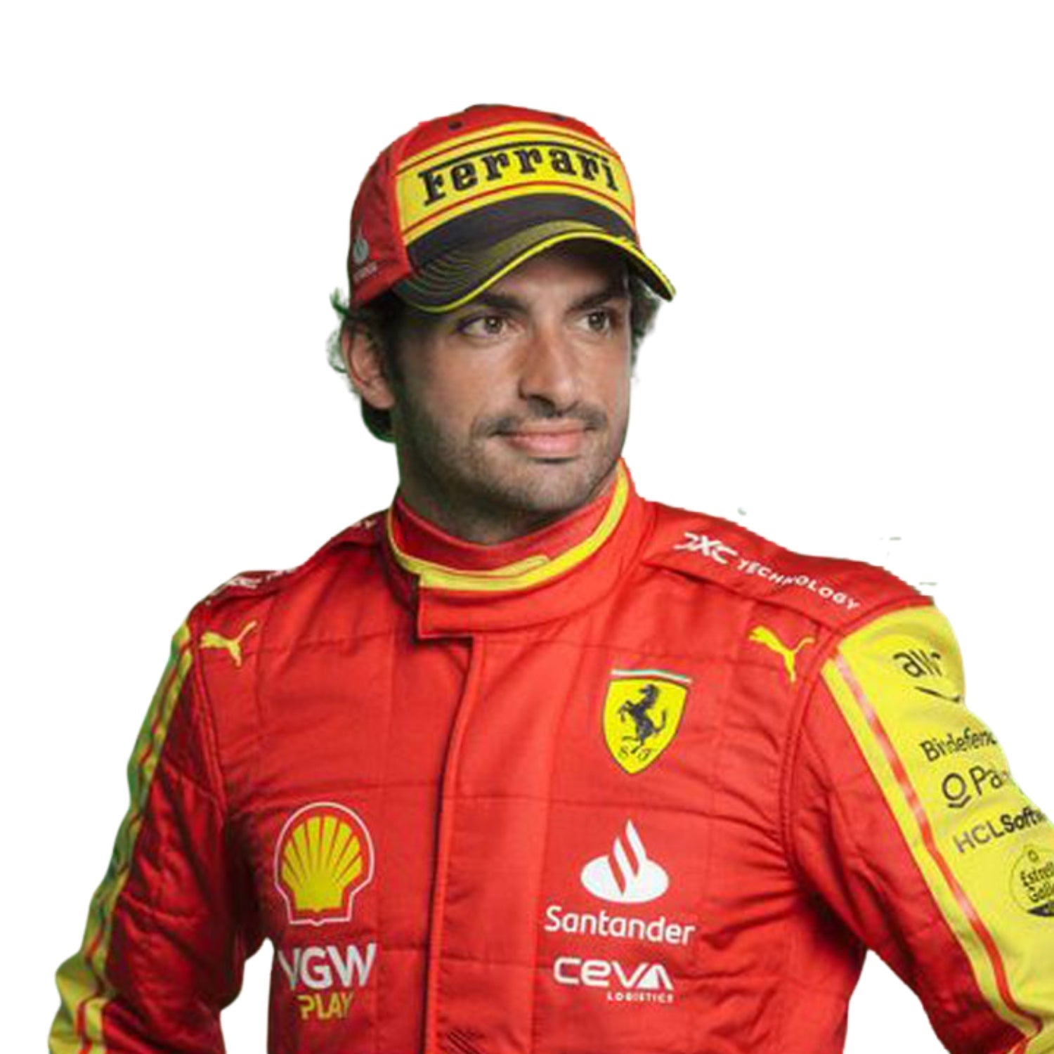 Close-up of Sainz's 2023 Monza Grand Prix F1 racing suit fabric texture and stitched sponsor logos, detailing the high-quality materials and the integration of the red, yellow, and black color palette.