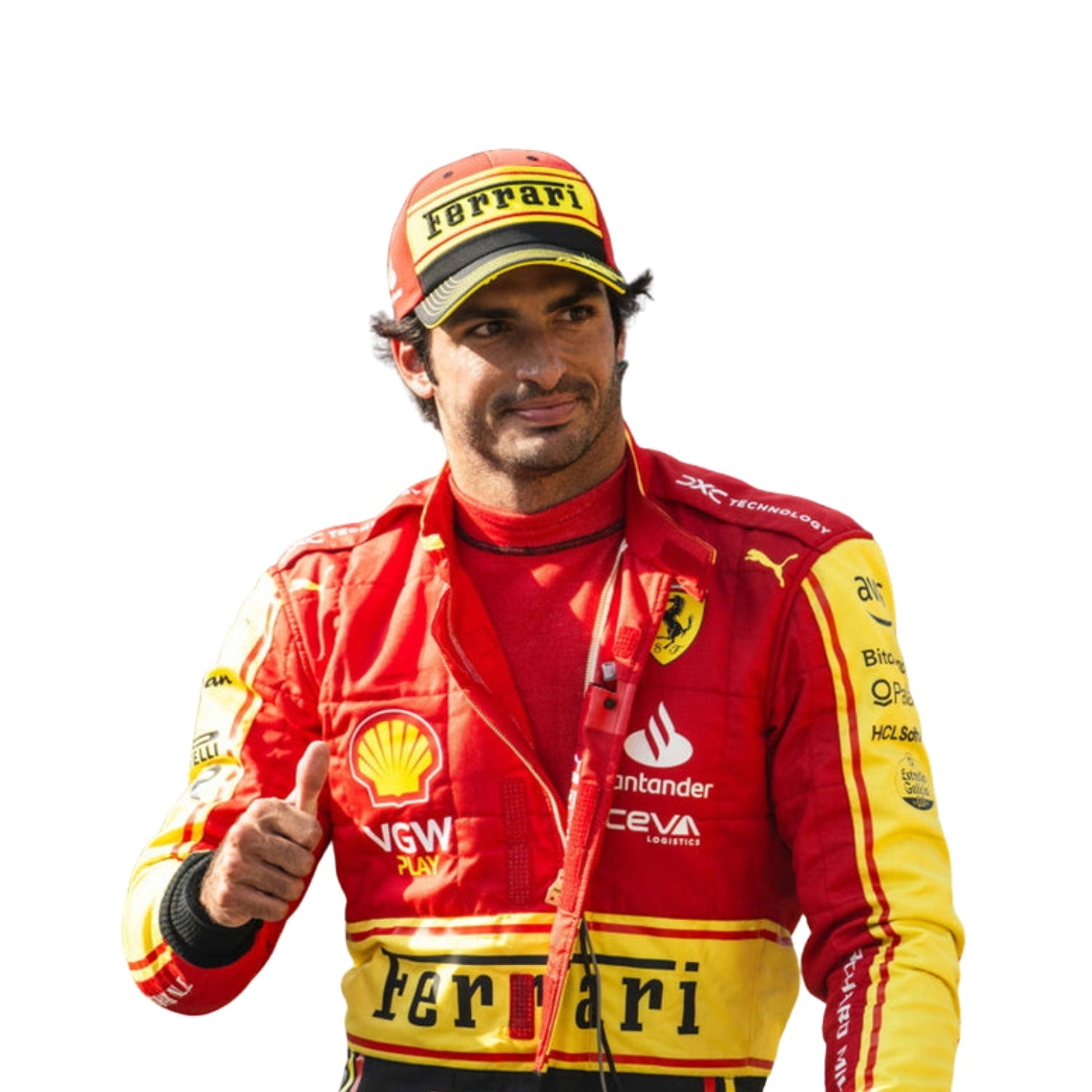 Carlos Sainz Jr. captured mid-action wearing his 2023 Monza Special Edition F1 racing suit, the vibrant colors 