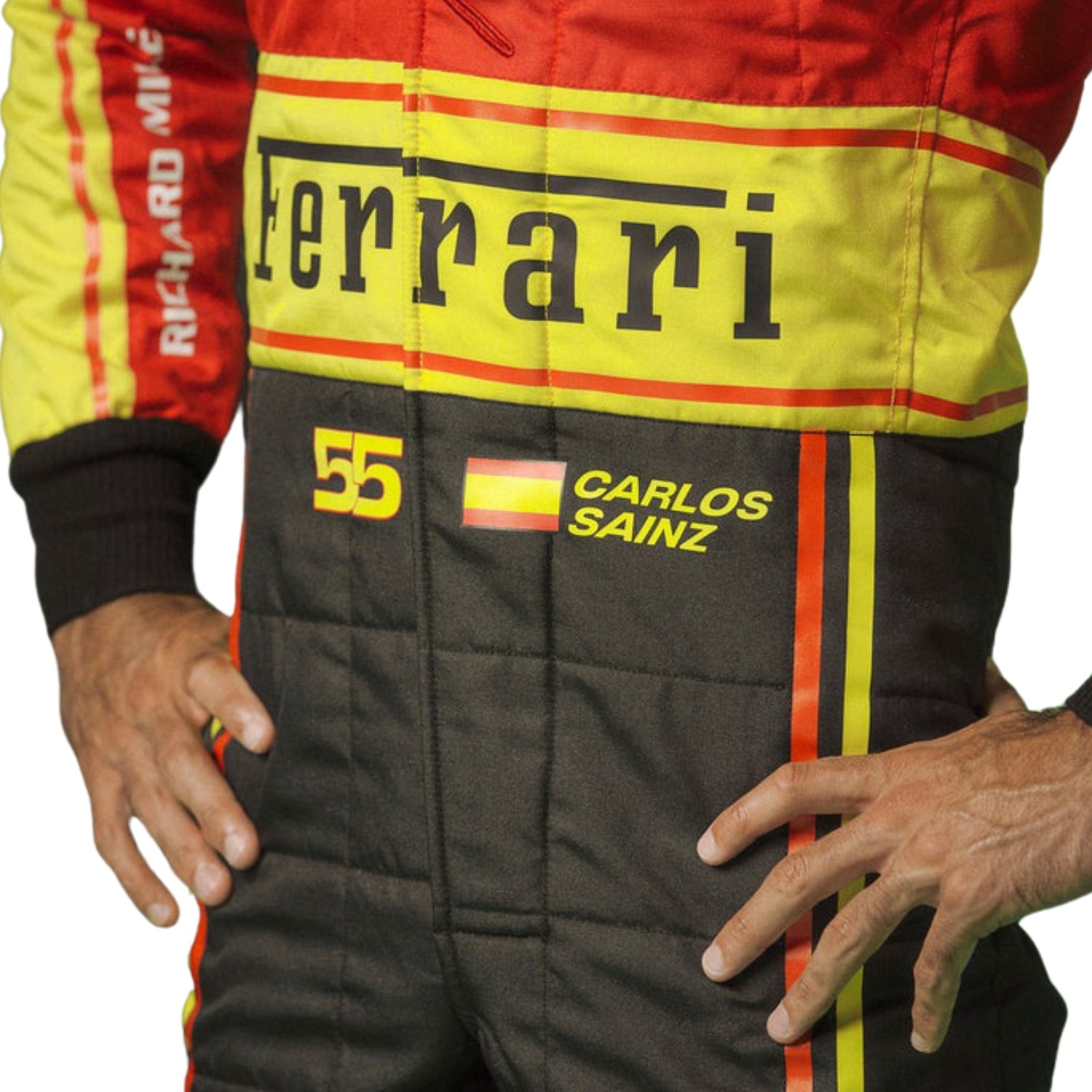 Close-up of elements of Carlos Sainz Jr.'s 2023 Monza Special Edition F1 racing suit material, illustrating the high-quality fabric texture