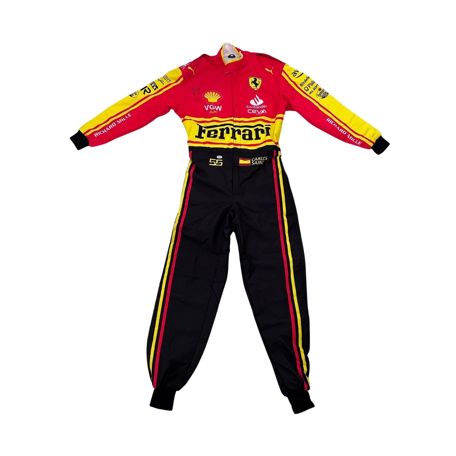 Front view of Carlos Sainz Jr.'s 2023 Monza Special Edition F1 racing suit, highlighting the continuation of the red and black color scheme with yellow accents, and 'SAINZ' printed across the shoulders above his race number 55.