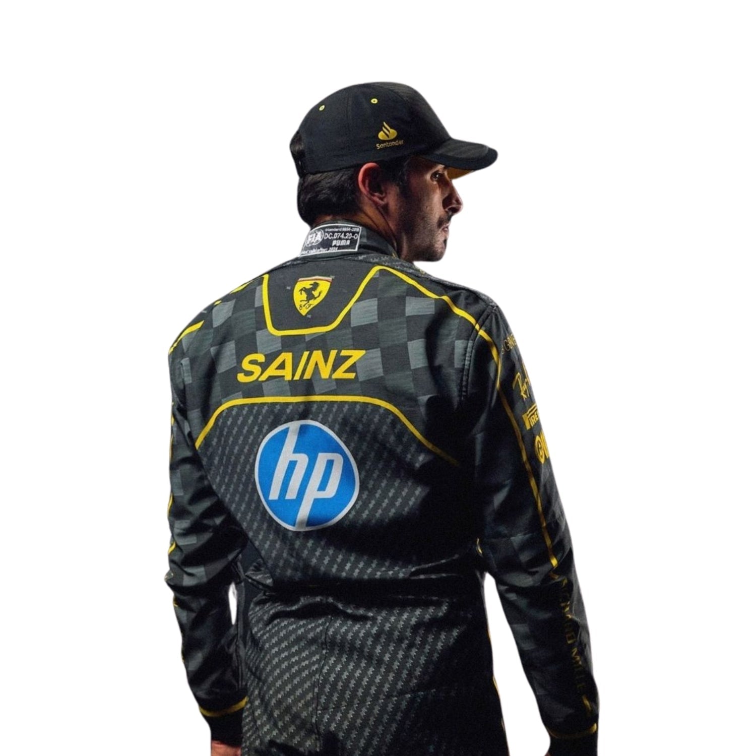 Rear view of the 2024 Italian GP race suit worn by Carlos Sainz Jr., featuring a black carbon fiber pattern with yellow detailing on the shoulders.