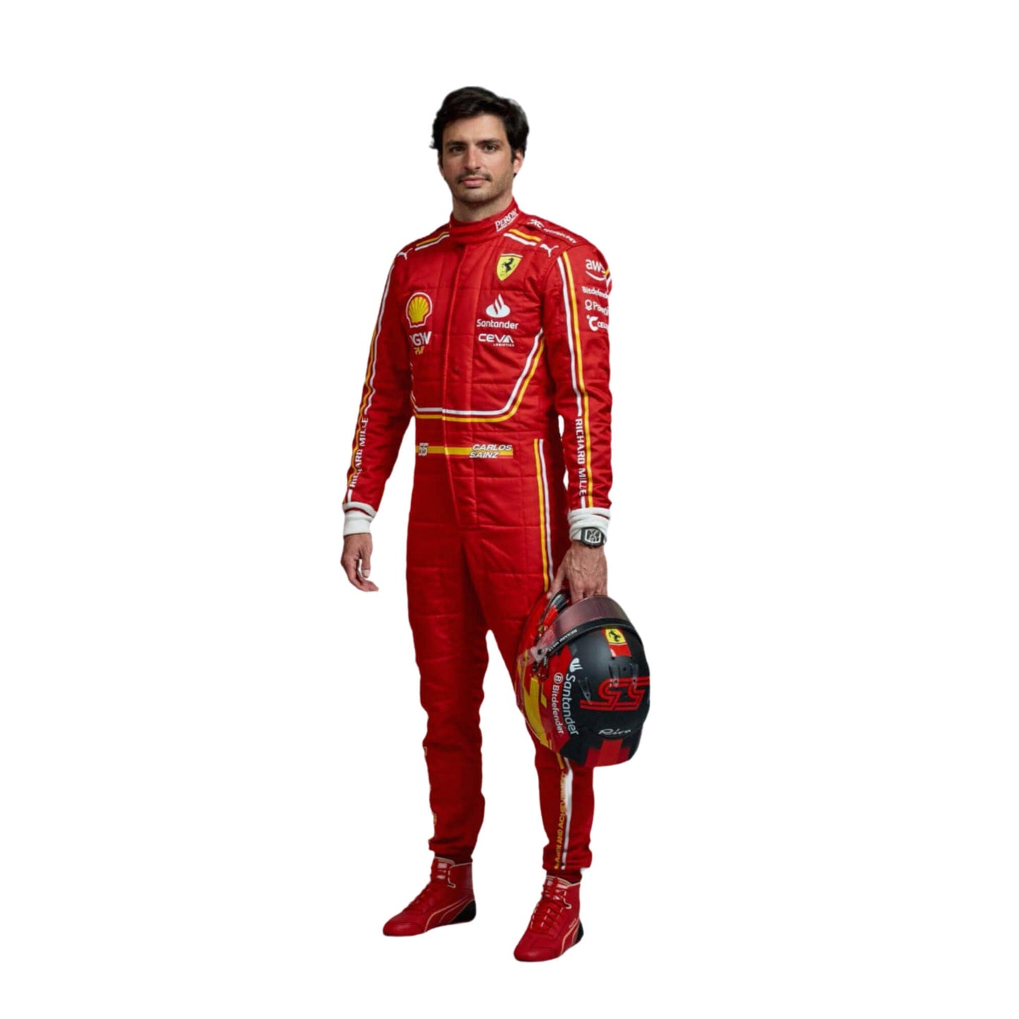 Carlos Sainz New 2024 Scuderia Ferrari F1 Team Racing Suit Front View, Red Design with Ferrari and Sponsor Logos, Embroidered Branding