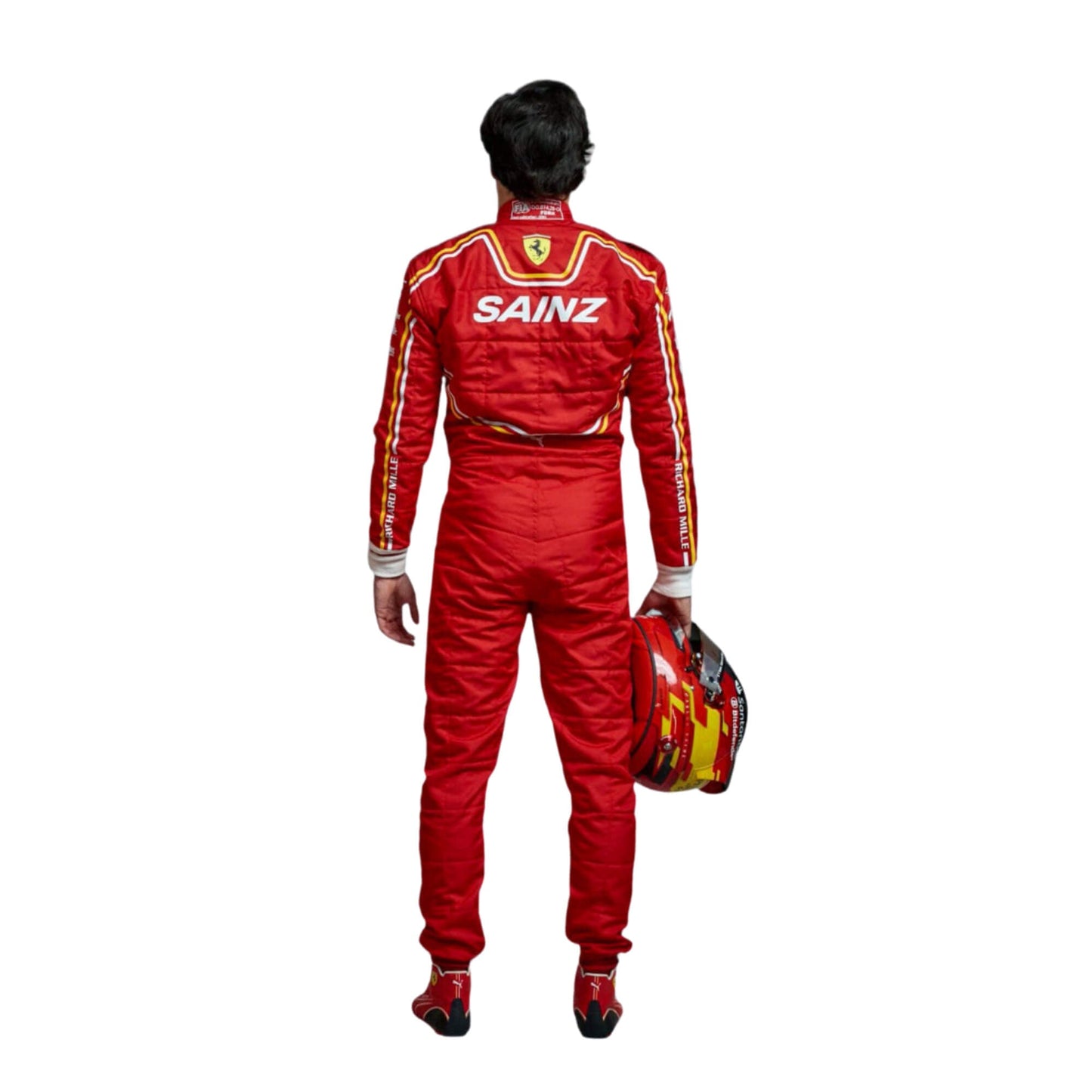 Carlos Sainz New 2024 Scuderia Ferrari F1 Team Racing Suit Back View, Red Ferrari Design with Sponsor Logos and Embroidered Details