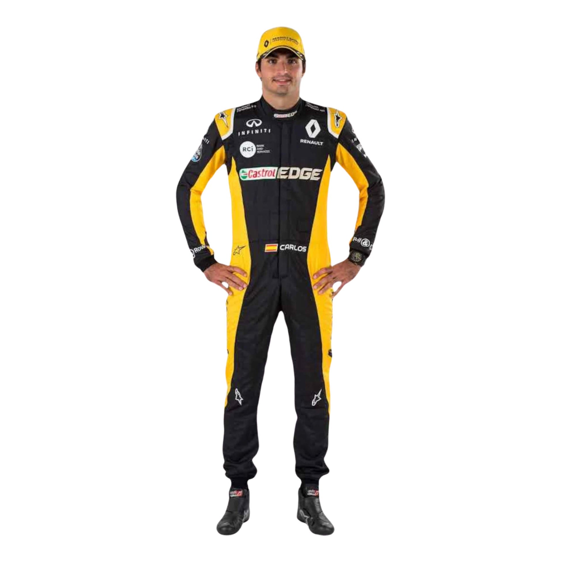 Full-body view of Carlos Sainz’s 2017 USA GP F1 racing suit, showcasing sponsor logos and the aerodynamic suit design, built for top performance on the track.