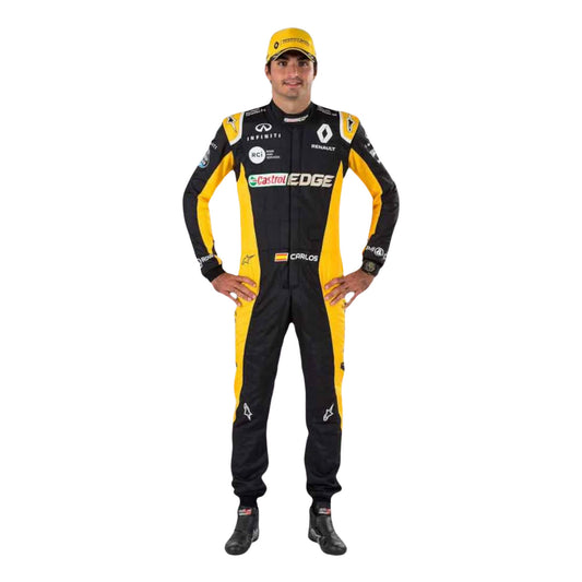 Full-body view of Carlos Sainz’s 2017 USA GP F1 racing suit, showcasing sponsor logos and the aerodynamic suit design, built for top performance on the track.