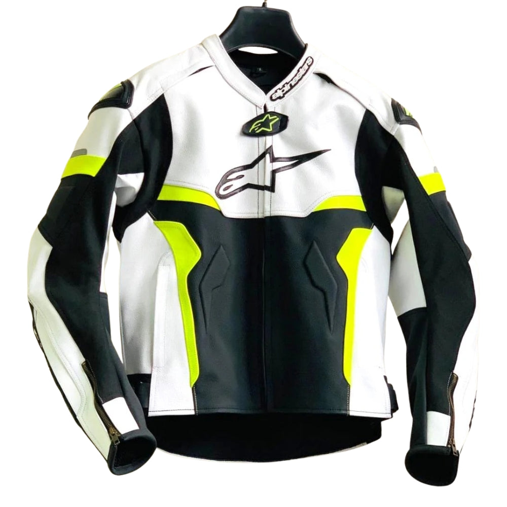 Celer Motorbike Leather Racing Jacket Black/Yellow/White