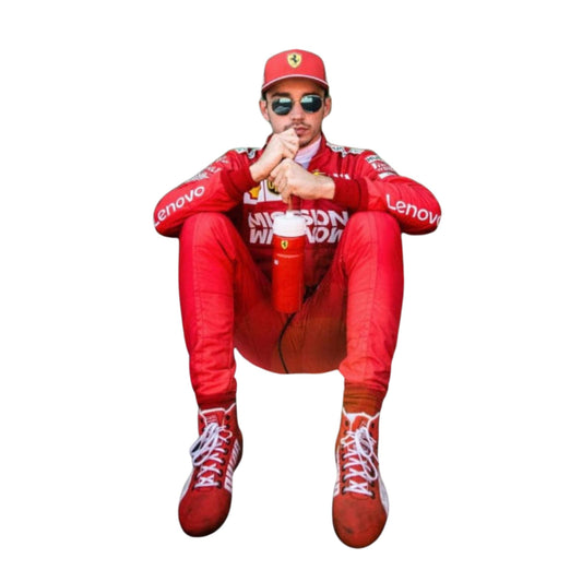Picture Of Charles Leclerc wearing 2019 F1 racing suit – iconic red and white design Holding Water bottle