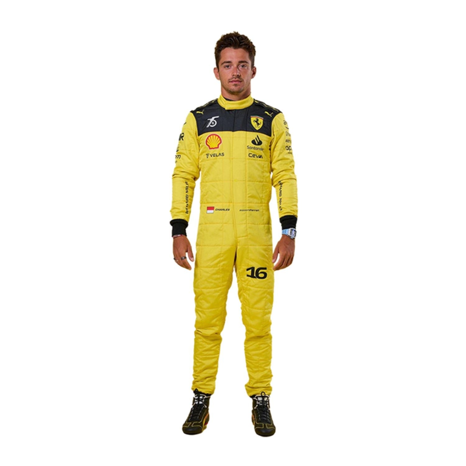 Charles Leclerc's 2022 Ferrari 75th Anniversary F1 racing suit front view, showcasing the iconic red design with bold sponsor logos, highlighting milestone celebration.