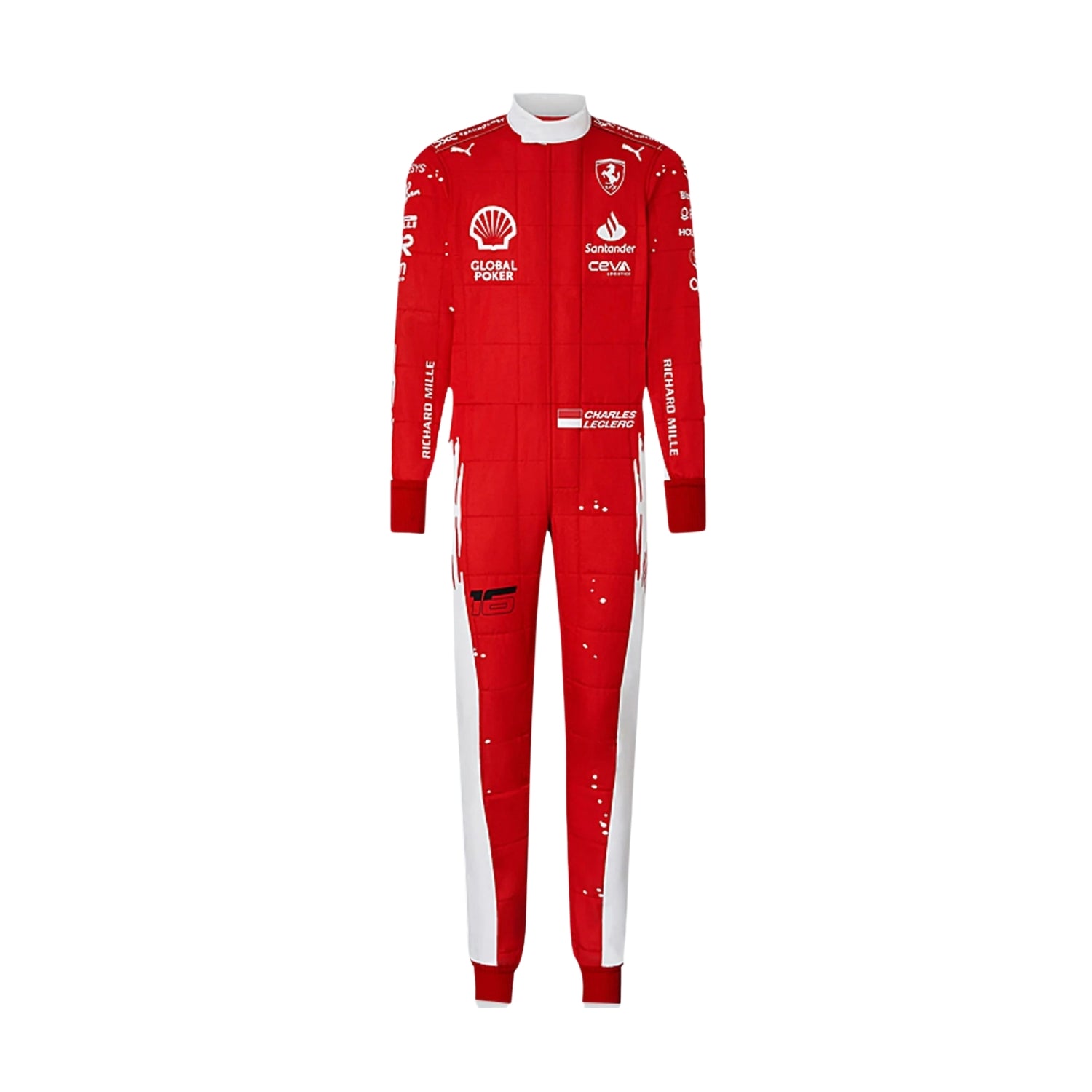 Charles Leclerc's 2023 Las Vegas Grand Prix F1 racing suit front view featuring a vibrant red base with a prominent white circle on the chest and white accent lines, complemented by sponsor logos, showcasing a sleek and modern design.