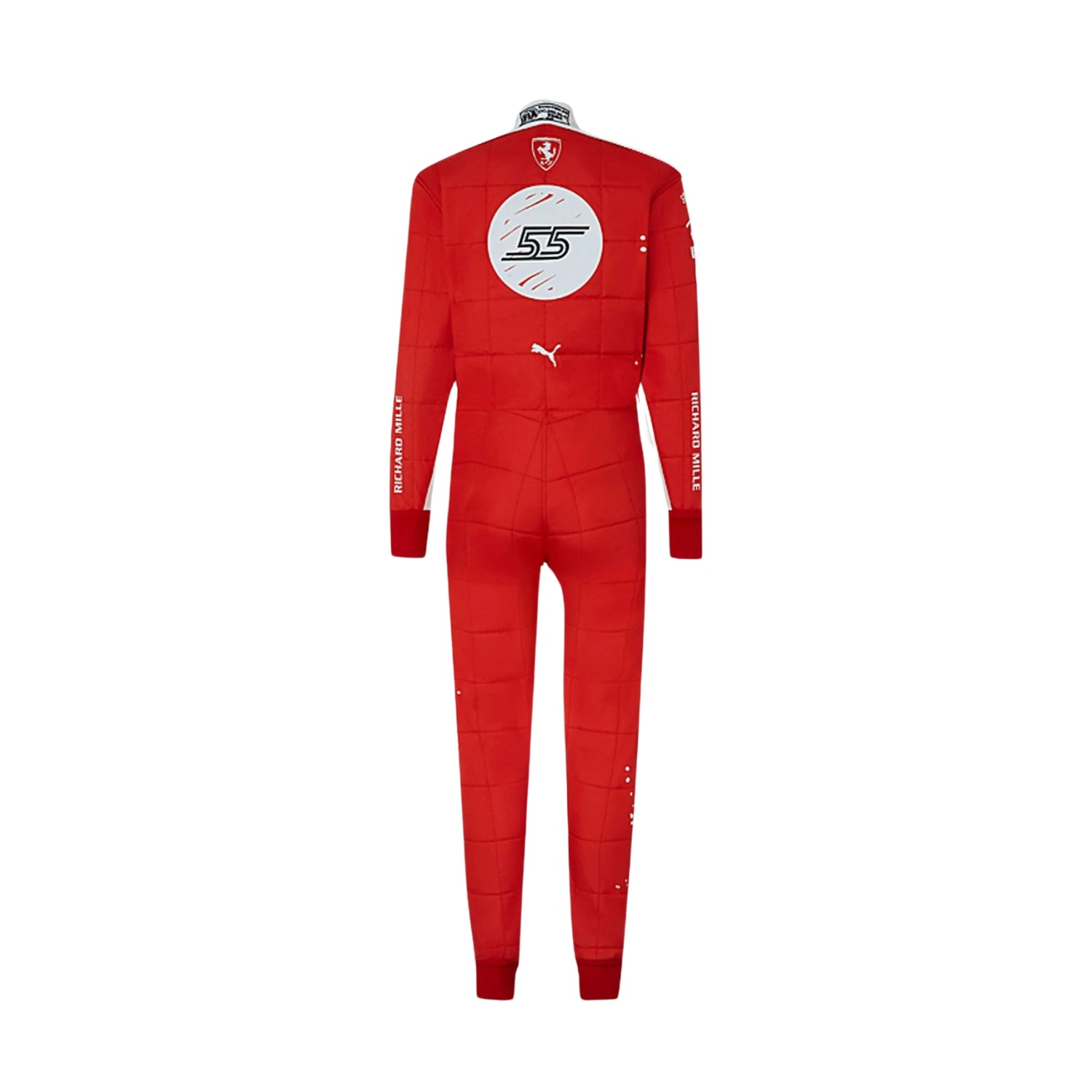 Rear view of Leclerc's 2023 Las Vegas Grand Prix racing suit displaying the continuation of the red and white color scheme with prominently placed sponsor logos and aerodynamic paneling.