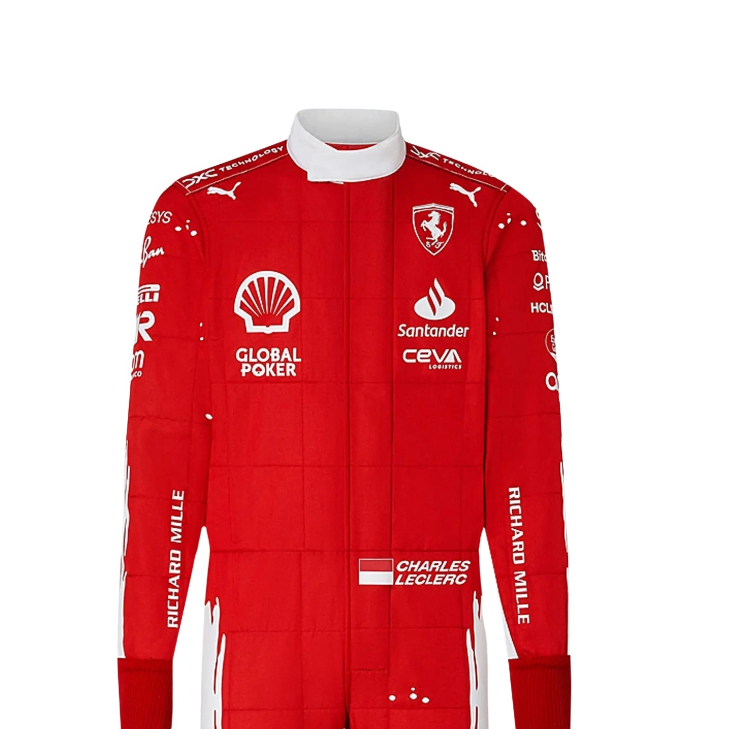 Close-up of Leclerc's 2023 Las Vegas Grand Prix F1 racing suit fabric texture and stitched sponsor logos, detailing the high-quality materials and the integration of the red and white color palette.
