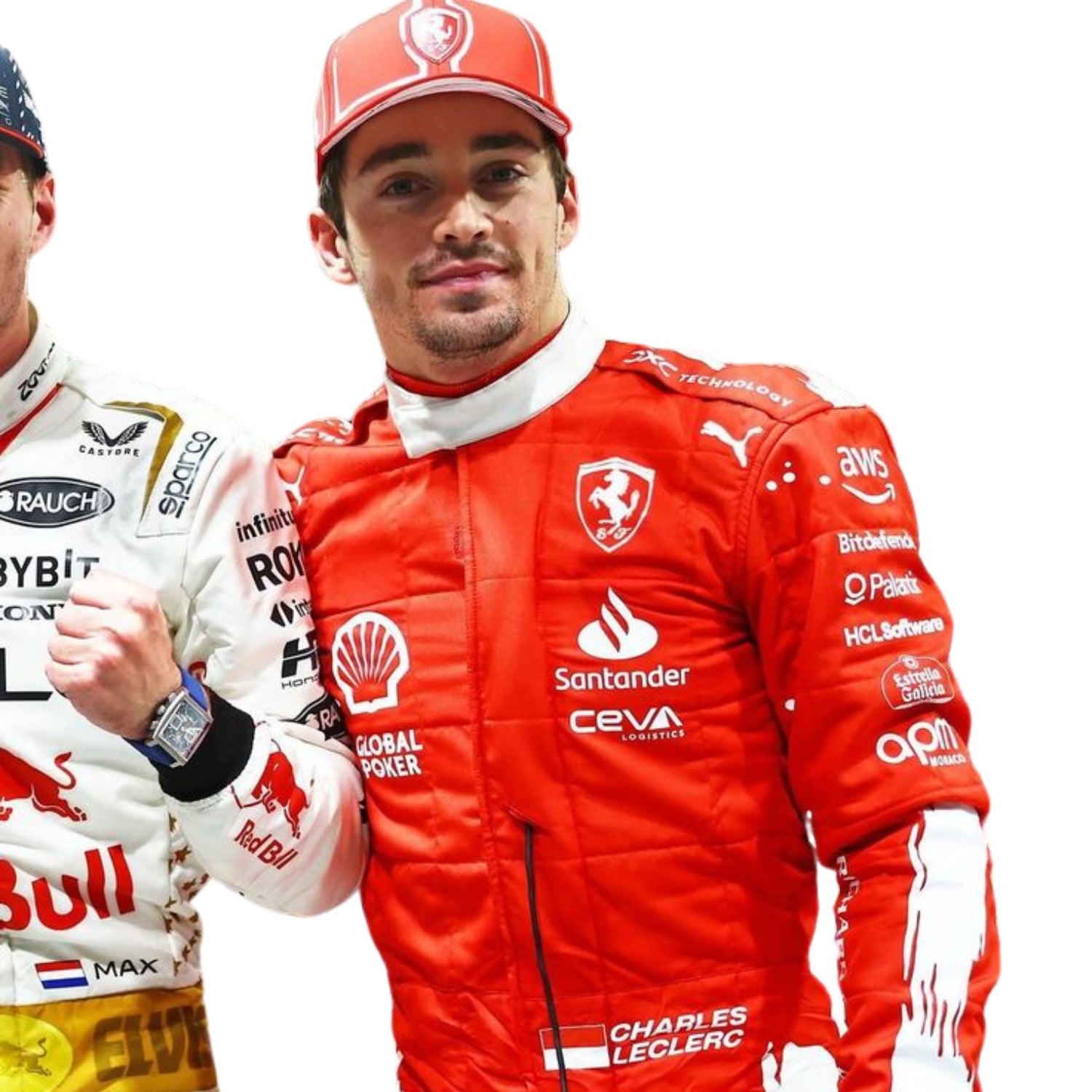 Close-up of Leclerc's 2023 Las Vegas Grand Prix F1 racing suit fabric texture and stitched sponsor logos, detailing the high-quality materials and the integration of the red and white color palette.
