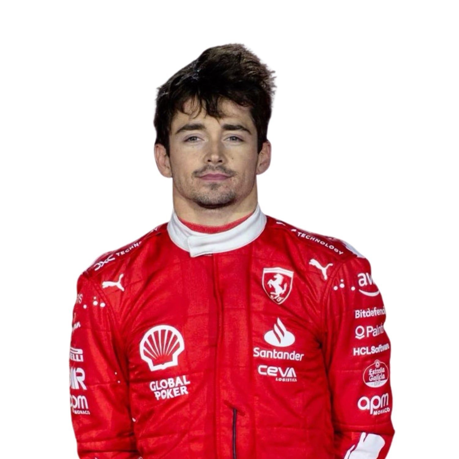 Close-up of Leclerc's 2023 Las Vegas Grand Prix F1 racing suit fabric texture and stitched sponsor logos, detailing the high-quality materials and the integration of the red and white color palette.