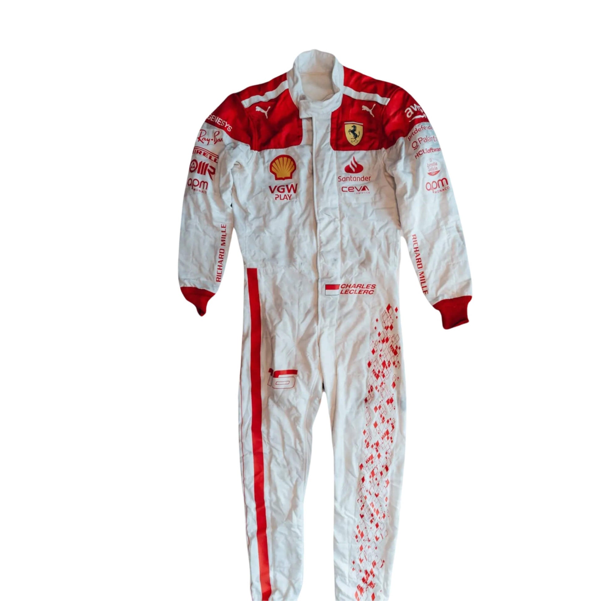 Charles Leclerc’s 2023 Monaco Grand Prix F1 racing suit front view featuring a white base with red shoulders and cuffs, complemented by sponsor logos, showcasing a sleek and modern design.