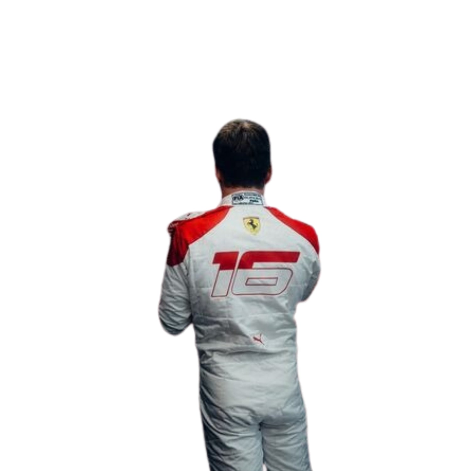 Rear view of Leclerc’s 2023 Monaco Grand Prix racing suit displaying the continuation of the white and red color scheme with prominently placed sponsor logos and aerodynamic paneling.