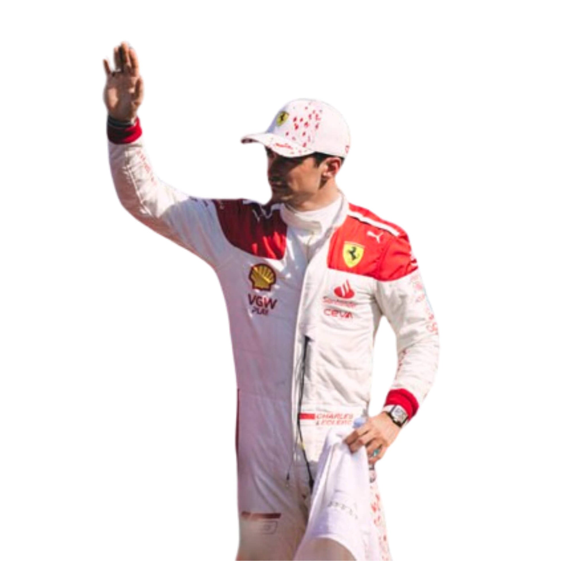 Close-up of Leclerc’s 2023 Monaco Grand Prix F1 racing suit fabric texture and stitched sponsor logos, detailing the high-quality materials and the integration of the white and red color palette.