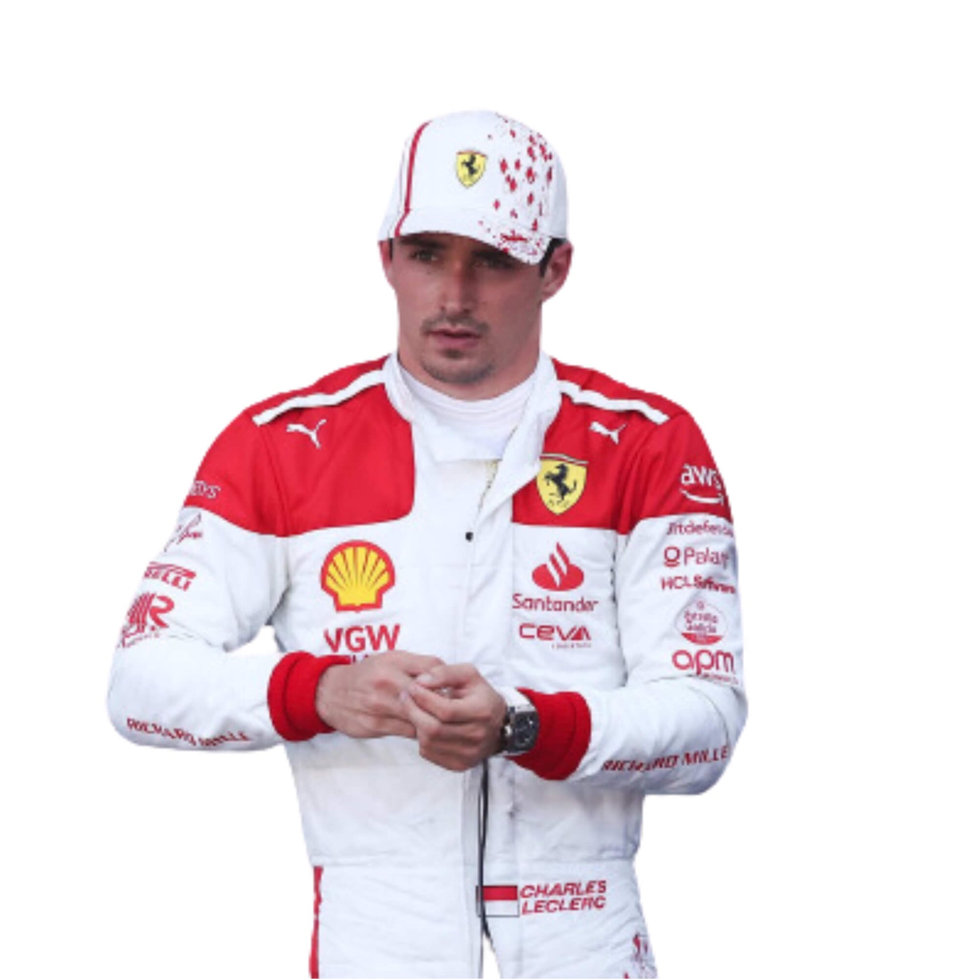 Close-up of Leclerc’s 2023 Monaco Grand Prix F1 racing suit fabric texture and stitched sponsor logos, detailing the high-quality materials and the integration of the white and red color palette.