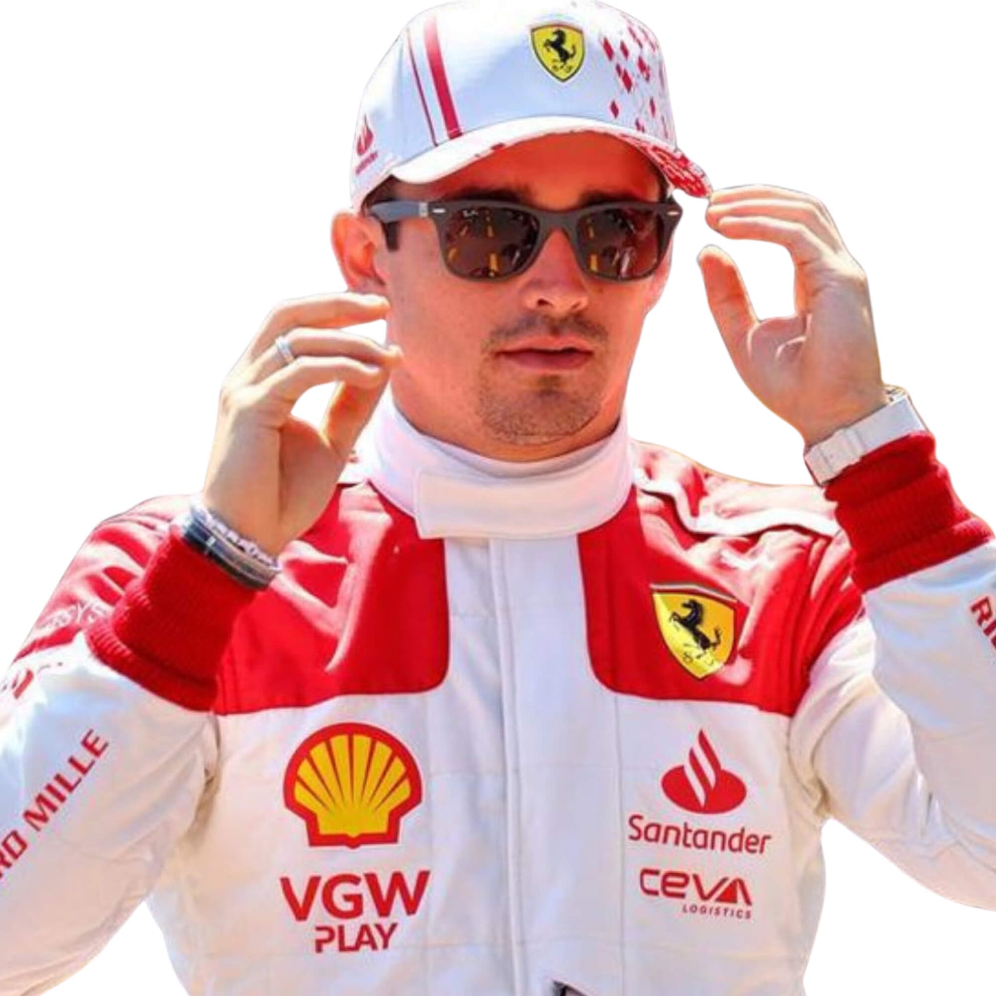 Close-up of Leclerc’s 2023 Monaco Grand Prix F1 racing suit fabric texture and stitched sponsor logos, detailing the high-quality materials and the integration of the white and red color palette.