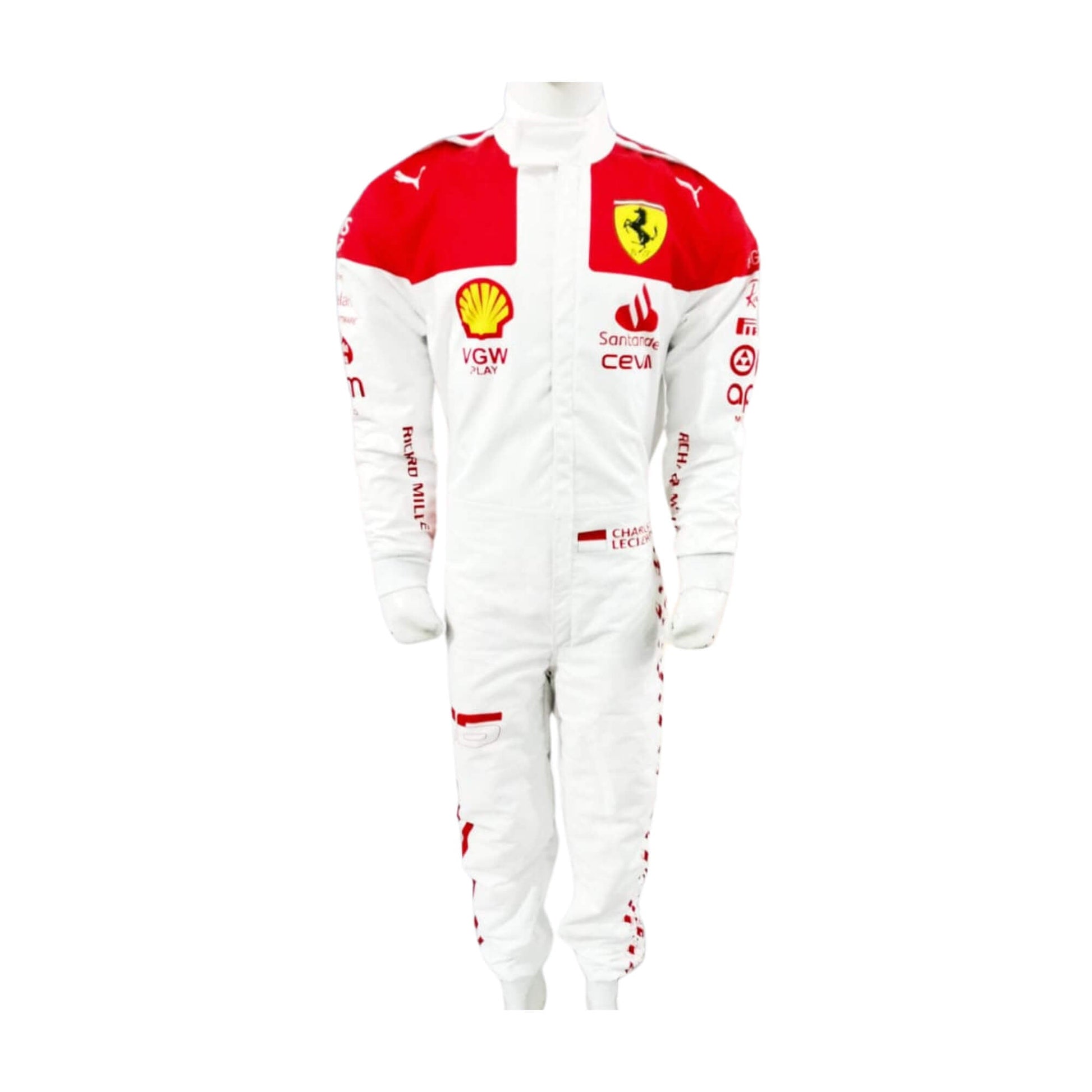 Charles Leclerc’s 2023 Monaco Grand Prix F1 racing suit front view featuring a white base with red shoulders and cuffs, complemented by sponsor logos, showcasing a sleek and modern design.