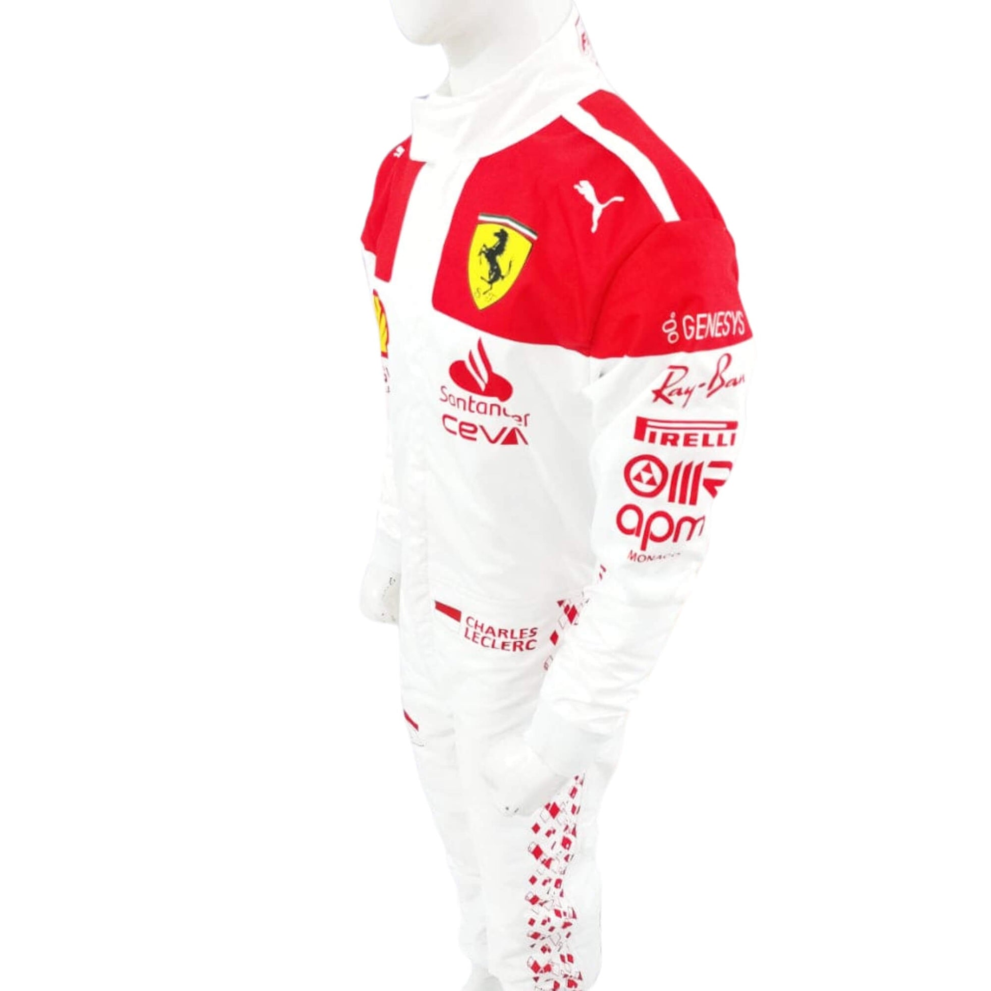 Side profile of Charles Leclerc’s 2023 Monaco Grand Prix racing suit highlighting the red side panels against the white base, with sponsor details on the arms and legs, emphasizing the suit's tailored fit.