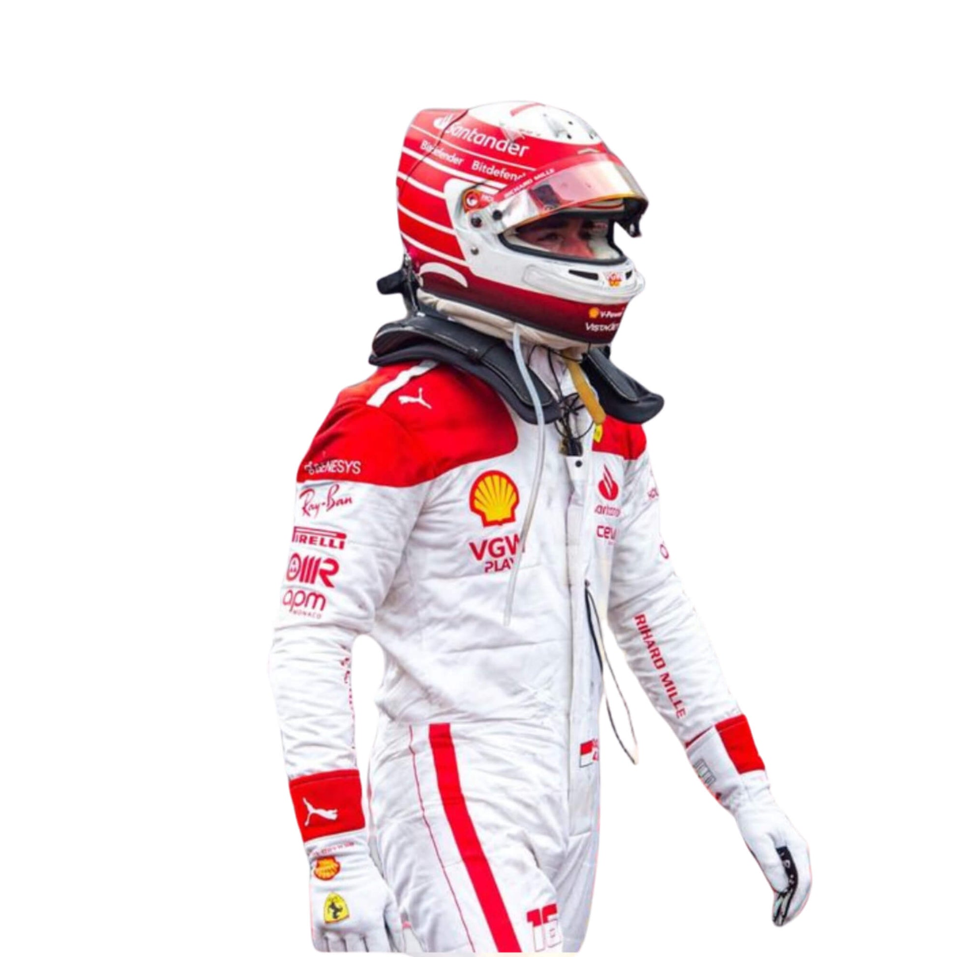 Side profile of Charles Leclerc’s 2023 Monaco Grand Prix racing suit highlighting the red side panels against the white base, with details on the arms and legs, emphasizing the suit's tailored fit.