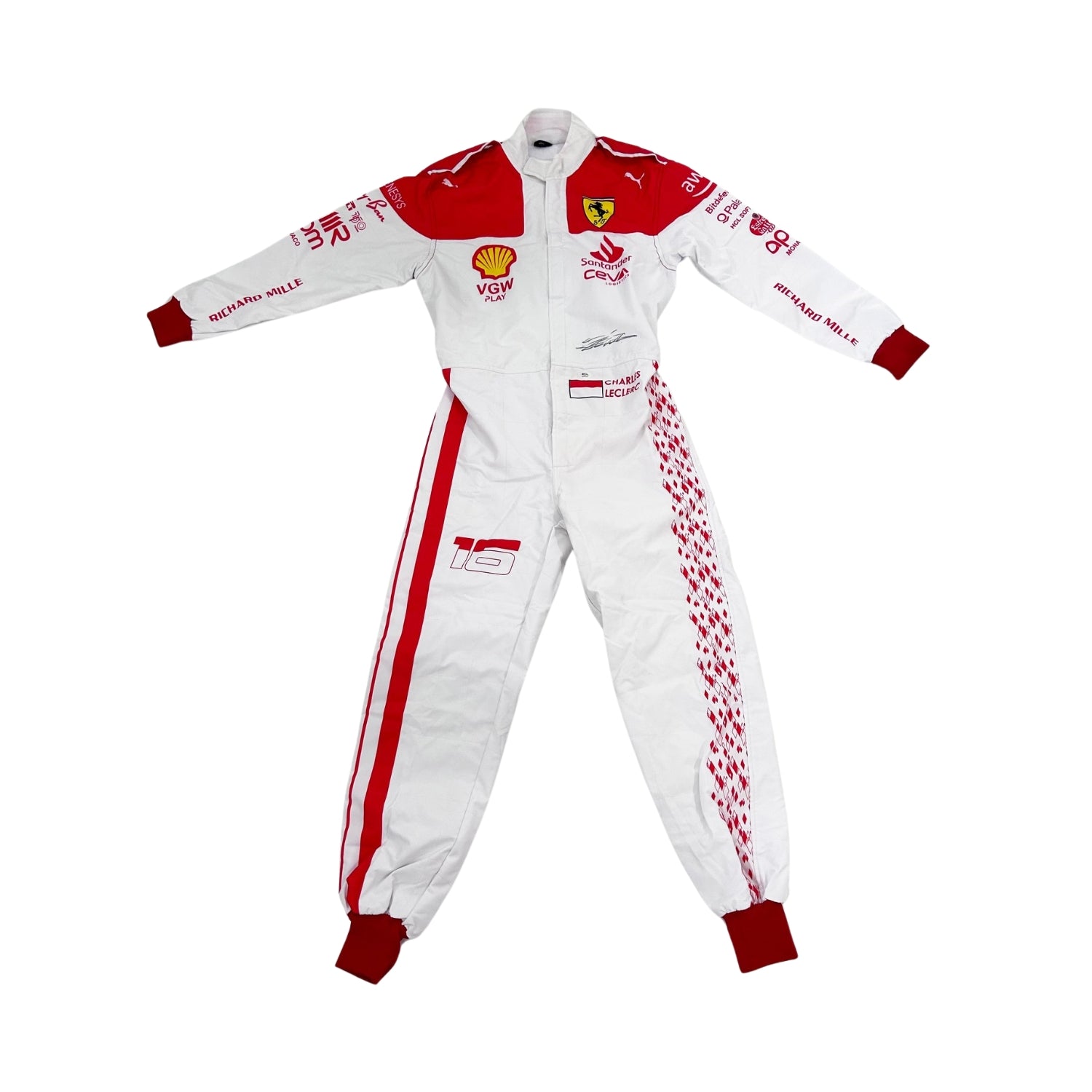 Charles Leclerc’s 2023 Monaco Grand Prix F1 racing suit front view featuring a white base with red shoulders and cuffs, complemented by sponsor logos, showcasing a sleek and modern design.