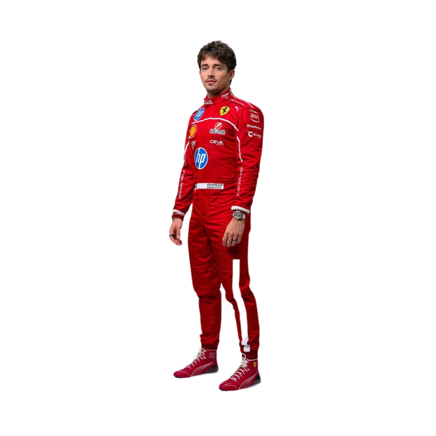 Side profile of Charles Leclerc 2025 Ferrari F1 racing suit, showcasing its lightweight construction and bold red and black design.

