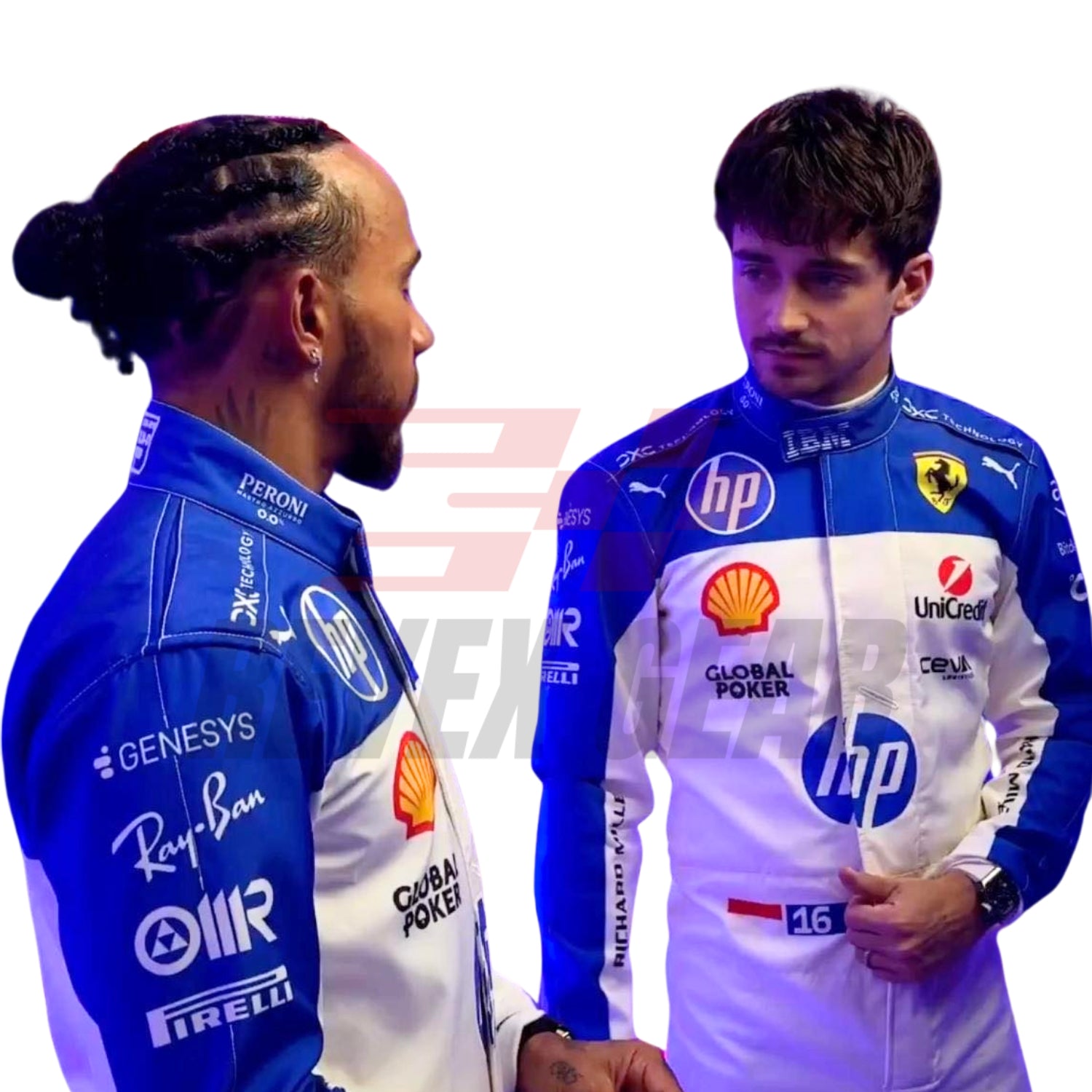 Detailed close-up of the Miami GP 2025 racing suit materials, including high-contrast stitching, driver name embroidery, and premium patches tailored for Leclerc and Hamilton.