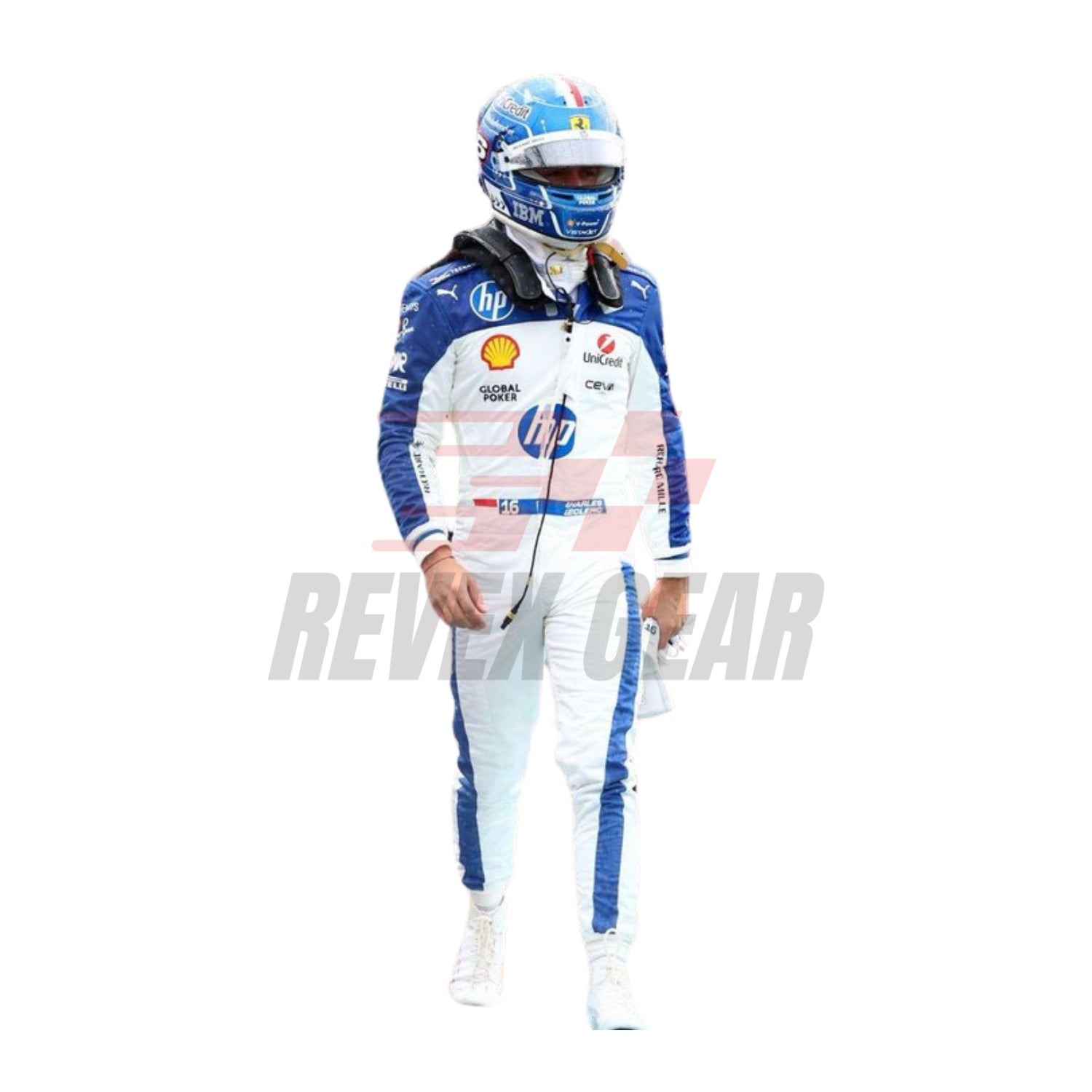 Front view of the 2025 F1 racing suits worn by Charles Leclerc at the Miami GP, showcasing sleek aerodynamic design with tropical-inspired detailing and precision sponsor placement.