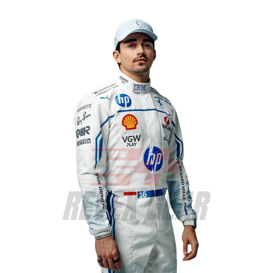Side profile of Leclerc's 2025 F1 Monaco Grand Prix suit highlighting ergonomic fit, blue accent lines, and breathable mesh fabric for optimized airflow.