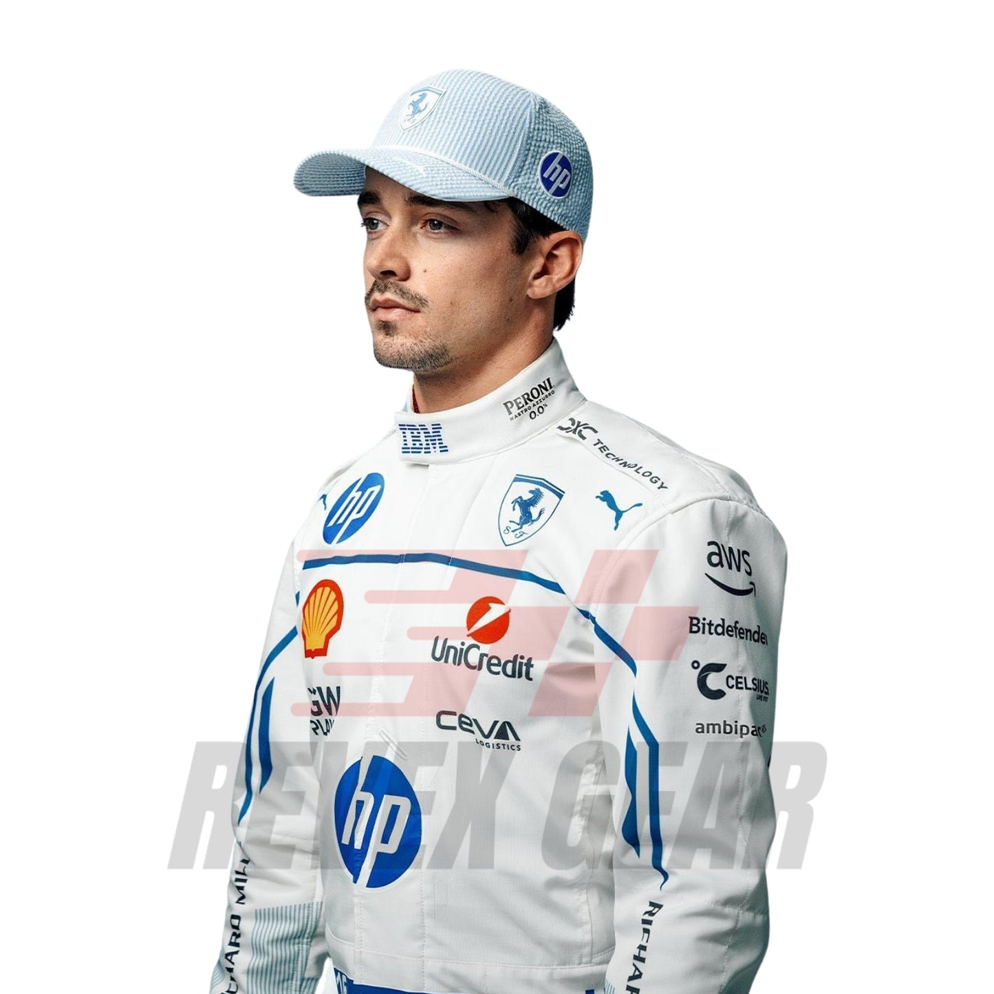 Detailed close-up of the Monaco GP 2025 racing suit showing Charles Leclerc's name, precision-stitched logos, and white and blue detail design.