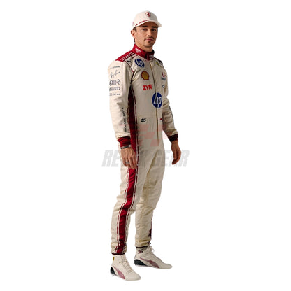 Charles Leclerc wearing a 2026 Monaco GP Ferrari F1 racing suit with various sponsor logos - Revex Gear
