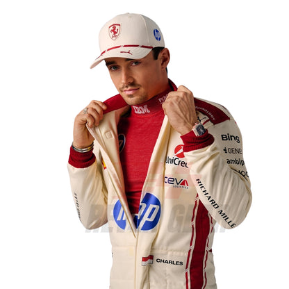 Charles Leclerc, wearing a 2026 Monaco GP Ferrari F1 racing suit with various sponsor logos - Revex Gear