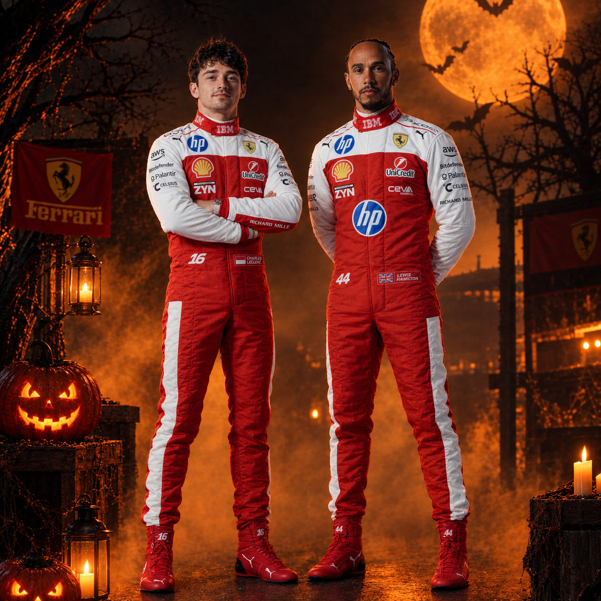 Charles Leclerc & Lewis Hamilton wearing a 2026 USGP Ferrari F1 racing suit with various sponsor logos Halloween Edition - Revex Gear
