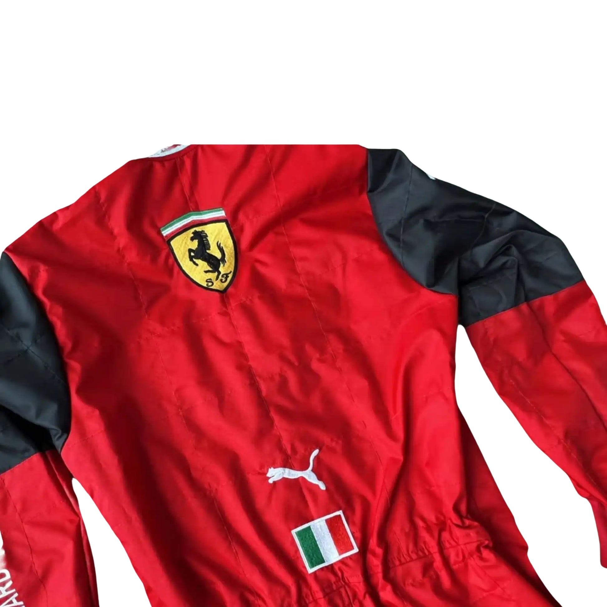 Close-up of the upper back of the 2022 Ferrari race suit, showing sponsor embroidery and sturdy 2-layer fabric details.