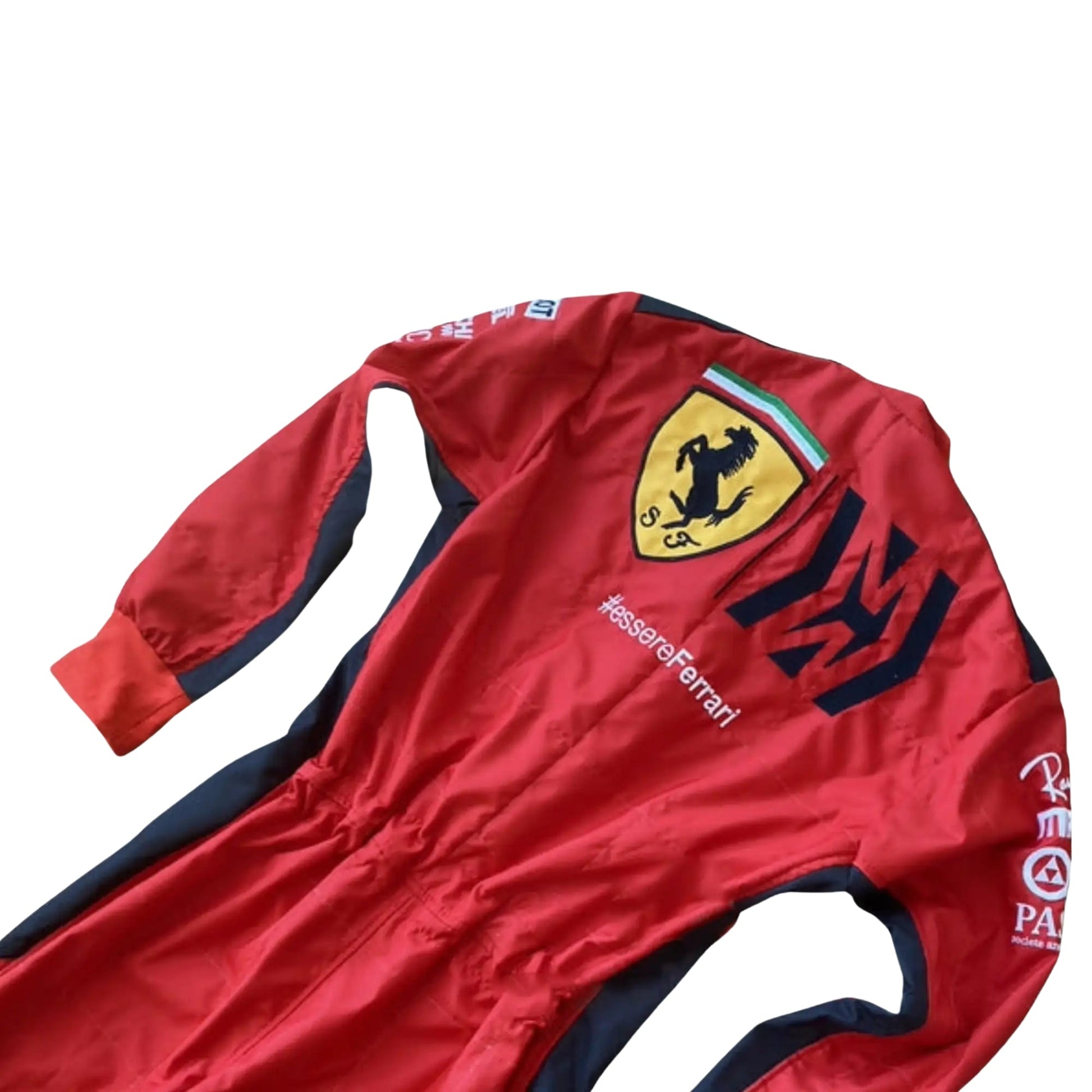 Close-up of the upper back of the 2020 Ferrari 1000 GP race suit, showcasing sponsor logos and robust 2-layer fabric construction.