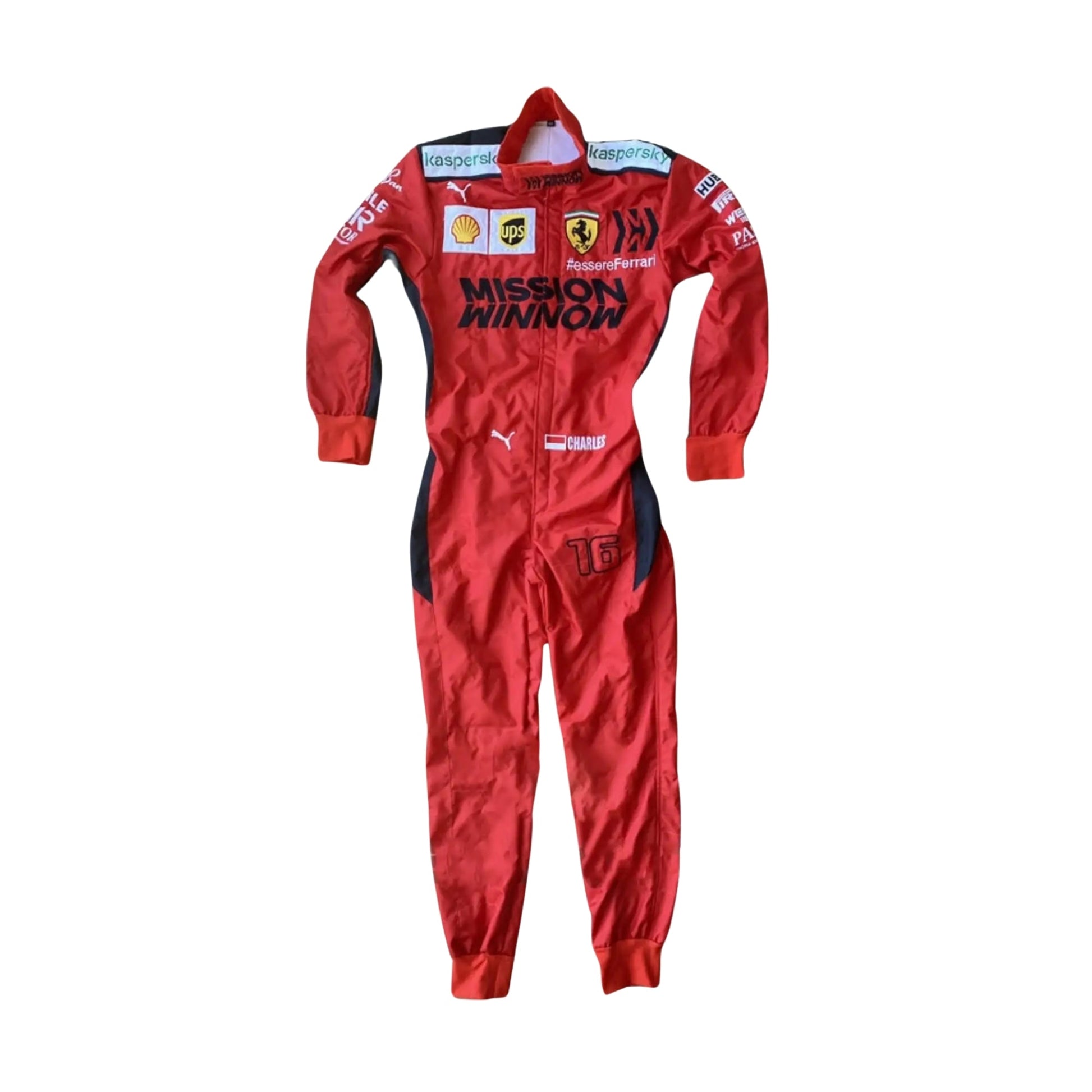 Front view of Charles Leclerc's 2020 Ferrari 1000 GP race suit, featuring 2-layer fabric and embroidered Ferrari and 1000 GP logos.