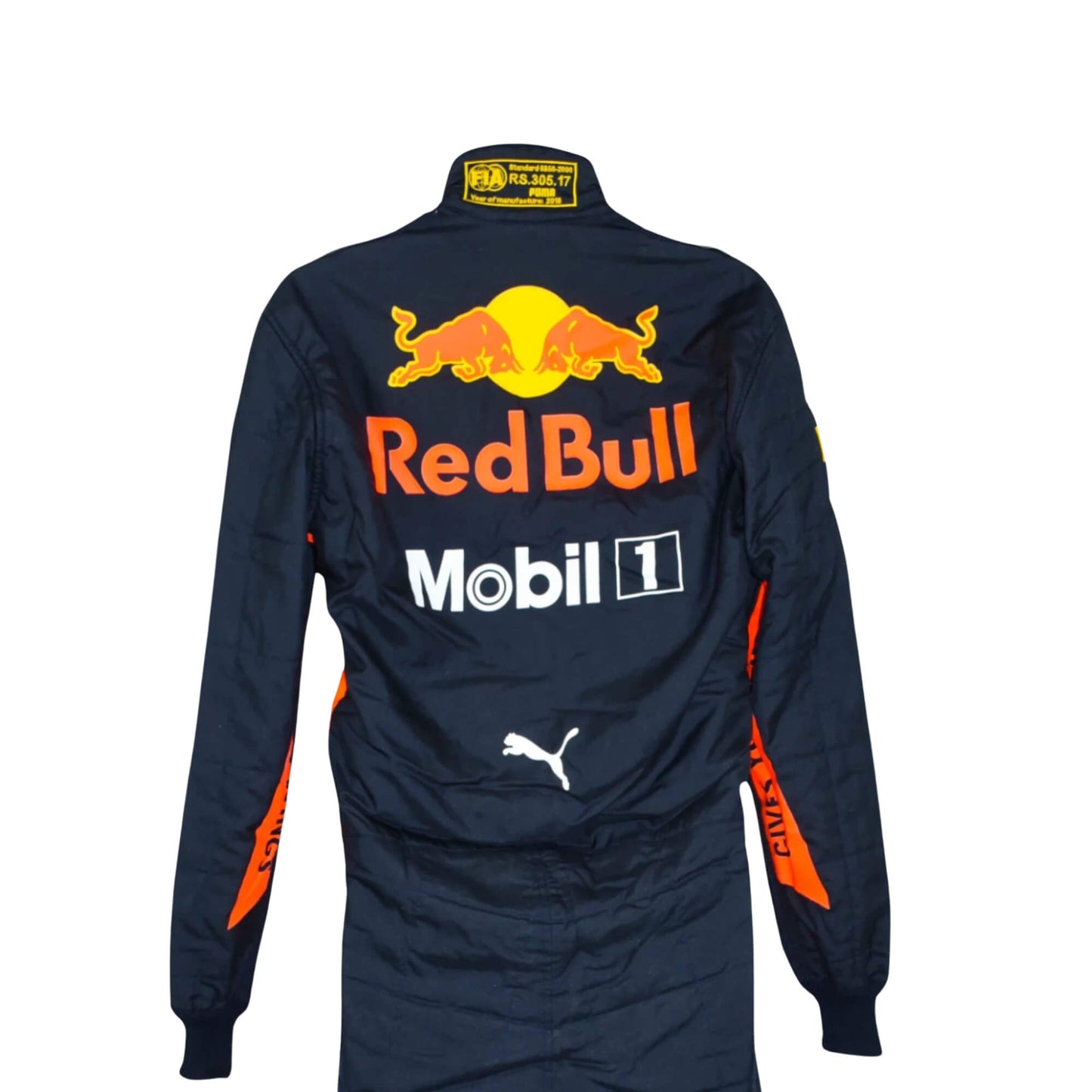 Back view of Daniel Ricciardo’s 2018 F1 racing suit, featuring aerodynamic design, sponsor logos, and a tailored fit for maximum comfort and flexibility during racing.