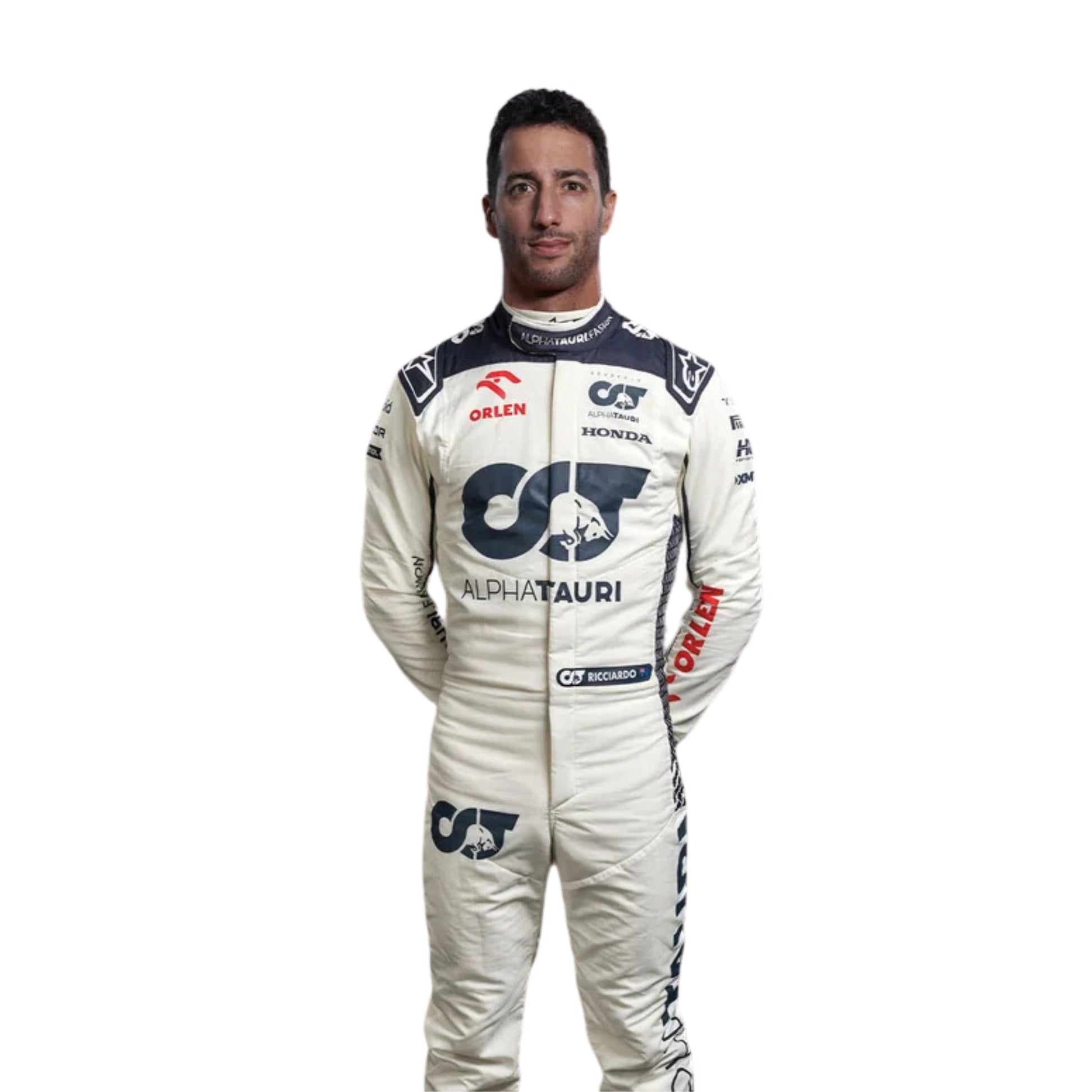 Close view of Daniel Ricciardo wearing the AlphaTauri F1 Racing Suit, radiating his trademark charisma.