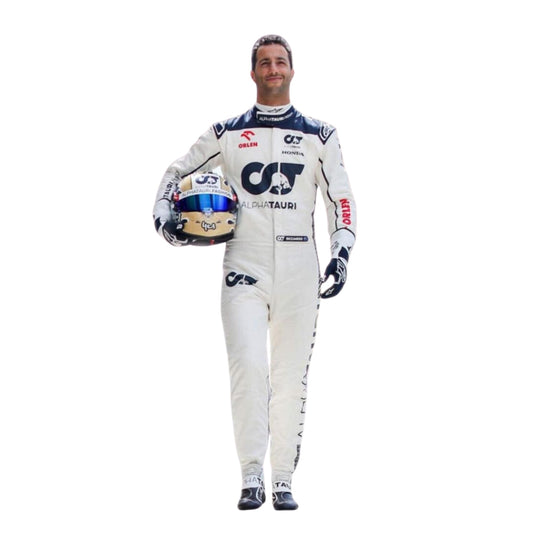 Daniel Ricciardo wearing the AlphaTauri F1 Racing Suit, radiating his trademark charisma.